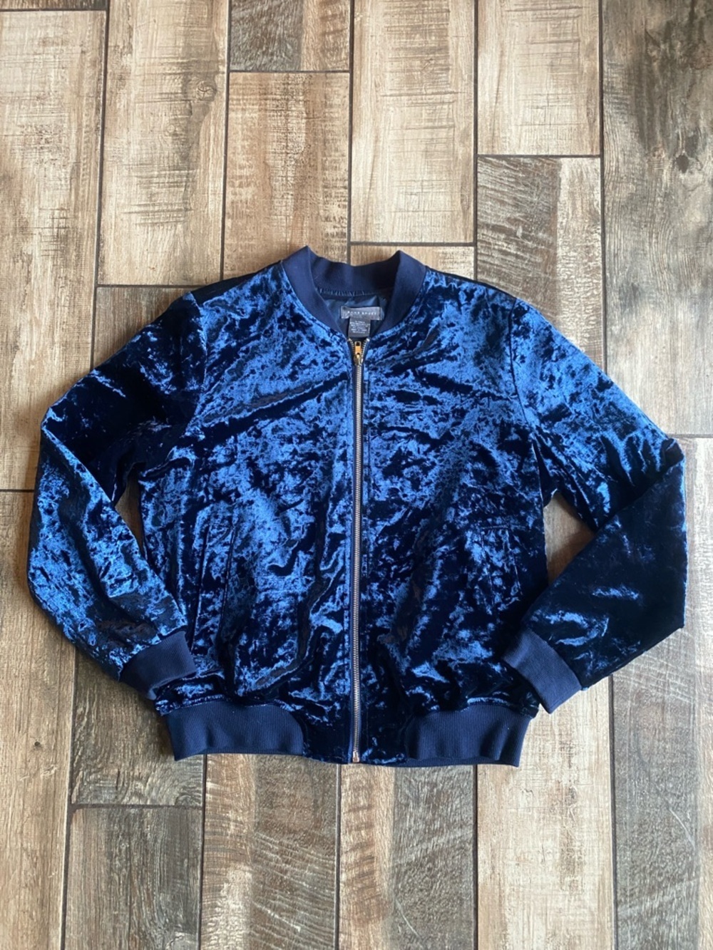 Sans Souci Navy Blue Velvet Bomber Jacket with Gold Zipper